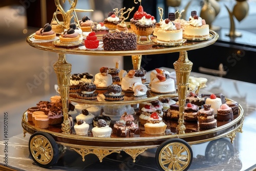 A luxurious cart filled with cakes, and chocolate.