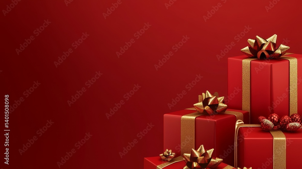 Festive Red Background With Wrapped Presents Adorned With Golden Bows and Sparkling Highlights for Holiday Celebrations Festive Red Background With Wrapped Presents Adorned With Golden Bows and Sparkling Highlights for Holiday Celebrations