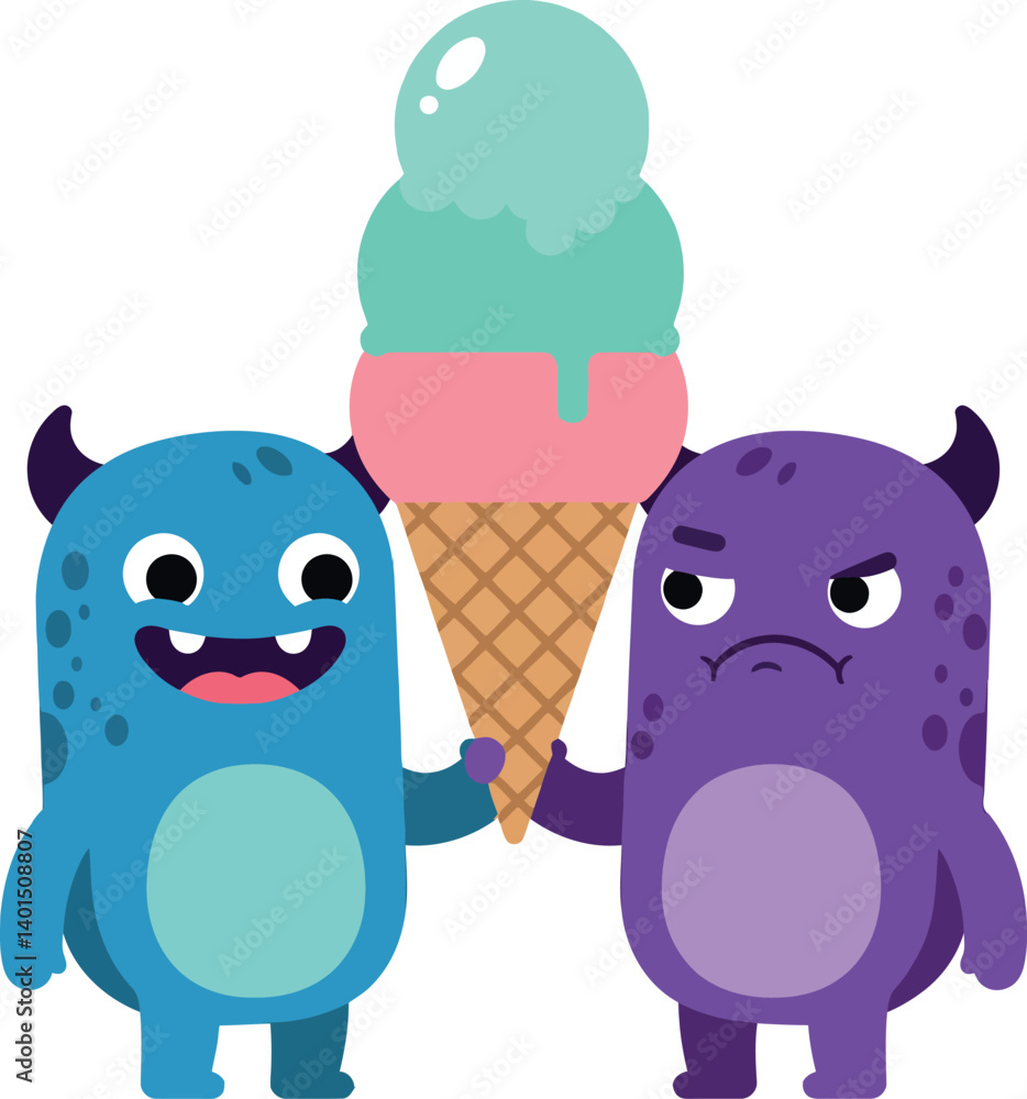 Two playful cartoon monsters sharing a large ice cream cone in a flat vector illustration Two playful cartoon monsters sharing a large ice cream cone in a flat vector illustration
