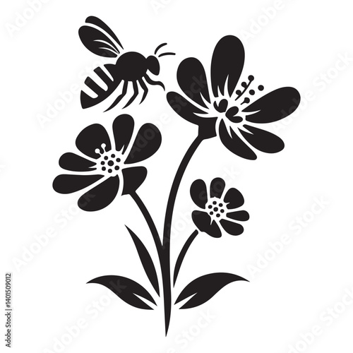 Bee Pollinating Flowers Silhouette An Essential Nature Pollination Process Vector