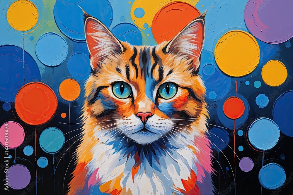 Vibrant Abstract Cat Artwork Featuring Feline in Circular Glasses on Canvas Vibrant Abstract Cat Artwork Featuring Feline in Circular Glasses on Canvas