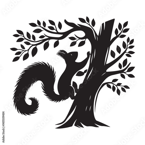 Silhouette of squirrel climbing tree for nature wildlife illustration art