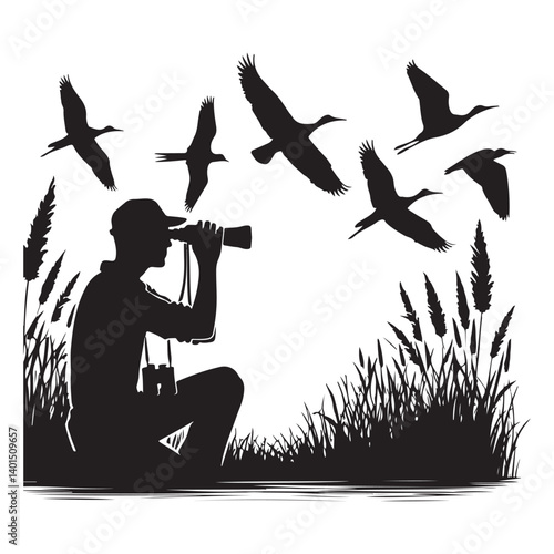 Silhouette Birdwatcher with Binoculars Birdwatching Wildlife Outdoor Art