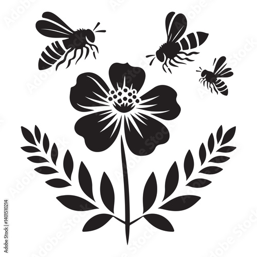 Bees Hovering Around Wildflower Silhouette Vector Illustration for Nature Lovers