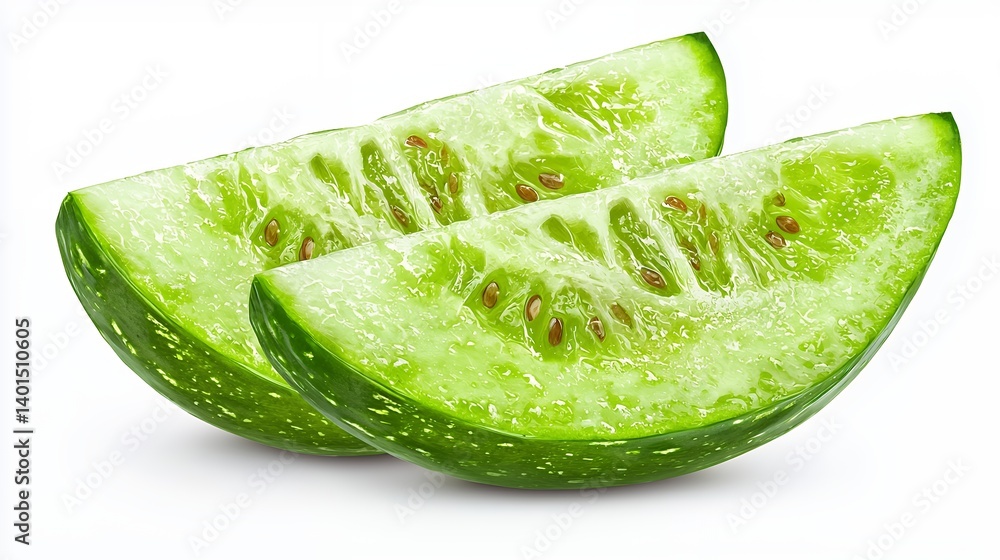 Two Slices of Fresh Green Cucumber on White Background Two Slices of Fresh Green Cucumber on White Background