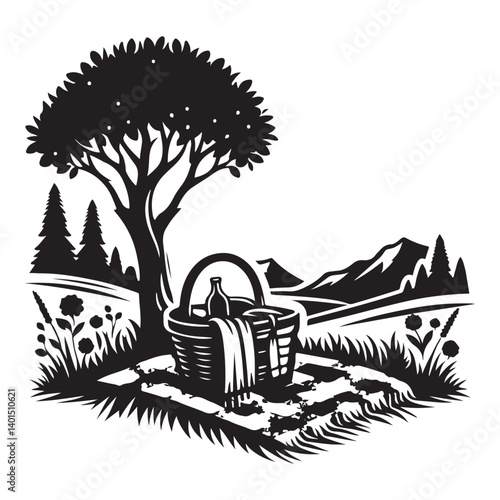 Outdoor Picnic Illustration of Basket and Tree Relaxing Time Concept