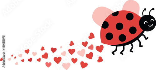 Cute ladybug flying with heart-shaped trails in a minimal flat vector illustration