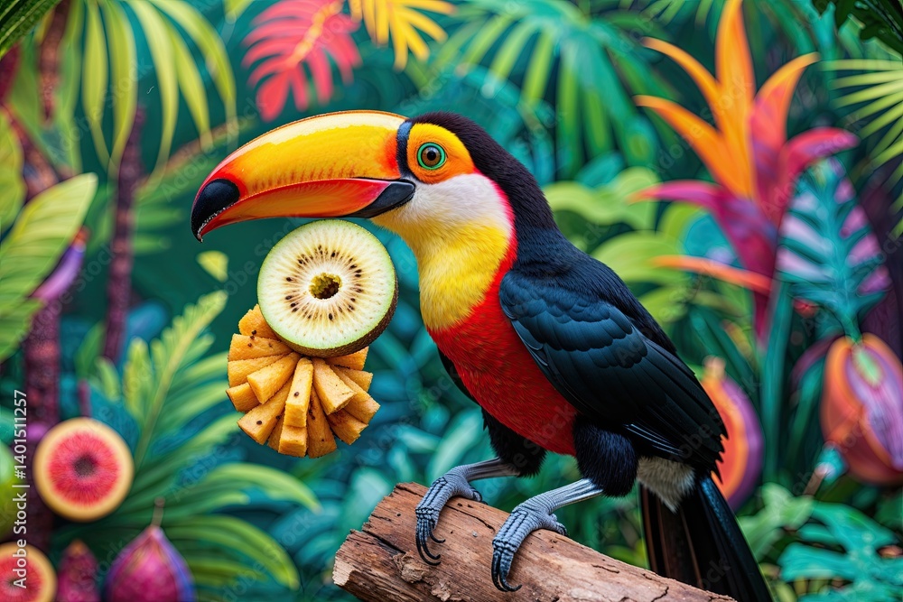 Fototapeta premium Colorful Toucan Delightfully Feasting on Fruits in a Lush Jungle Setting