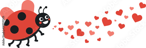 A cheerful ladybug blowing hearts in a playful and colorful flat vector illustration