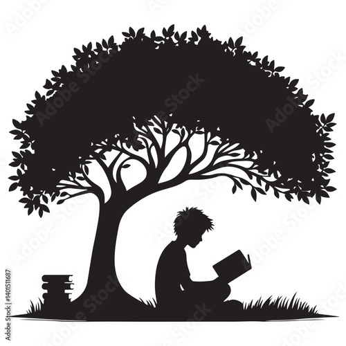 Silhouette of a child reading book under tree illustration