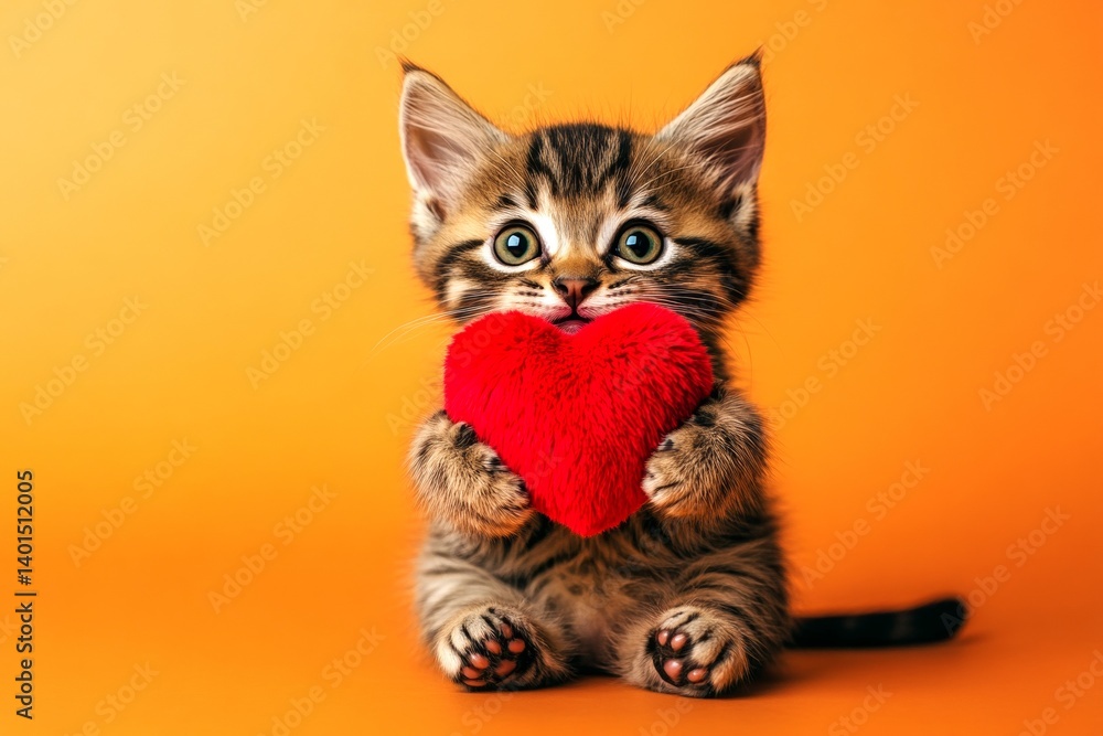 Obraz premium Cute donskoy feline infant with fluffy red heart - emblem of love, funny greeting card. Donskoy - my treasured cat. Ad visual graphic design. Love pet theme. Romantic red kitten. Animal love.