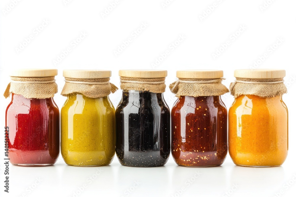 A variety of sauce jars isolated on a white background, perfect for showcasing product packaging designs. A variety of sauce jars isolated on a white background, perfect for showcasing product packaging designs.