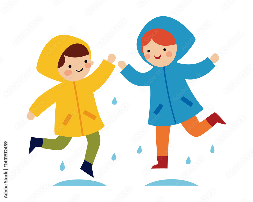 Two children jumping in puddles with raincoats and boots isolated on transferring background Two children jumping in puddles with raincoats and boots isolated on transferring background