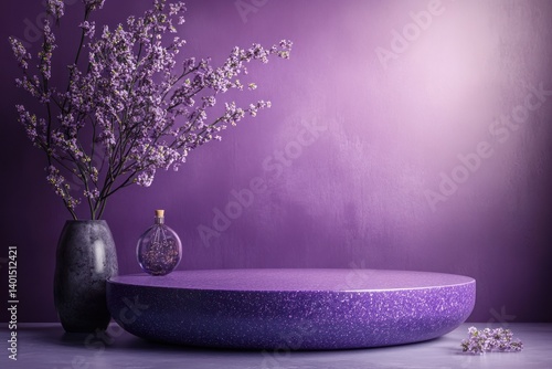 A vibrant 3D render of a purple product display podium with a smooth circular stand,