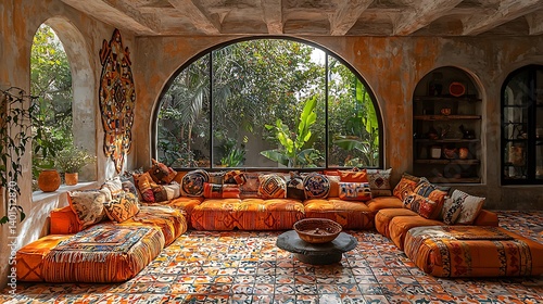 Wallpaper Mural Bohemian living space features vibrant orange sectional high resolution image Torontodigital.ca