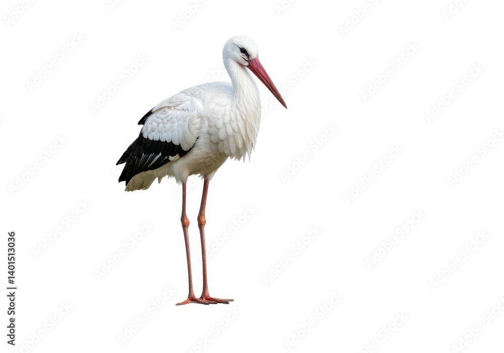 Fototapeta premium Isolated stork image for animal and bird watching content isolated on white background