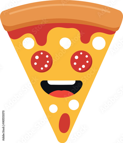 Happy cartoon pizza slice with cheese and pepperoni in a flat vector art style