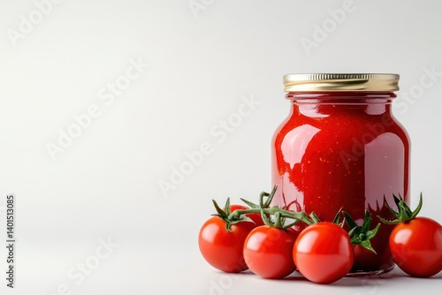 A vibrant red tomato sauce jar isolated on a white background, ready for product design showcases.