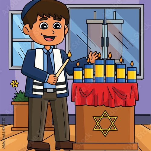 Bar Mitzvah Boy Lighting Candies Colored Cartoon 