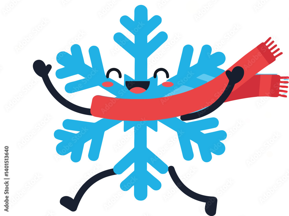 Fototapeta premium Happy snowflake character wearing a red scarf in a flat vector illustration