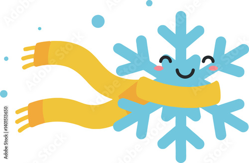 Cheerful blue snowflake character wearing a bright yellow scarf in a flat vector illustration