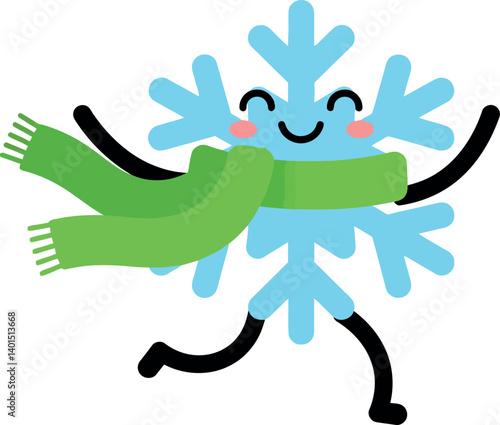 Cheerful snowflake character wearing a green scarf in a playful flat vector illustration