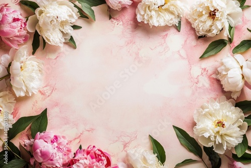 A wedding or Mother Day invitation design with empty space surrounded by delicate peony flowers, evoking tenderness and beauty.