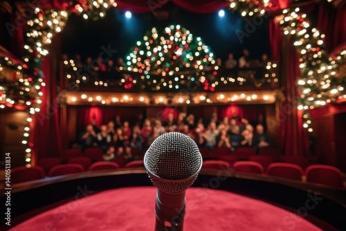 Stage setup for an open mic comedy show, with a microphone in focus from behind a comedian, showing the audience laughing in the background