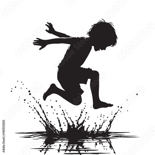Silhouette Illustration of Boy Leaping Across Mud Puddle Illustration