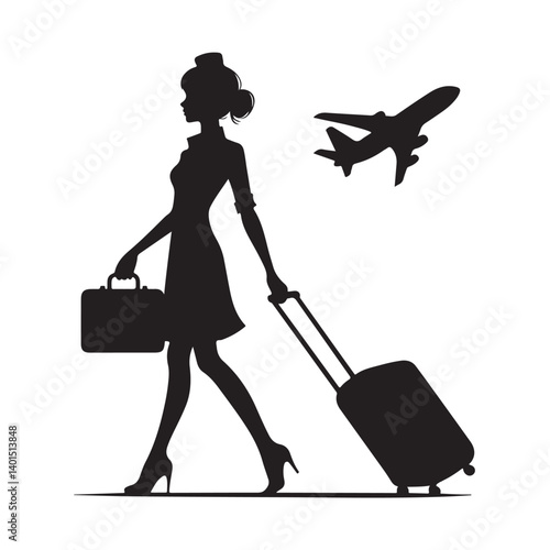 Silhouette Illustration of Air Hostess with Plane Traveling For Work
