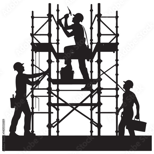 Construction Workers on Scaffolding Silhouette Vector Illustration Design