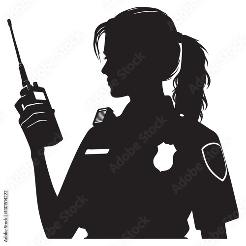 Female Police Officer Silhouette Holding Radio Vector Graphic Design