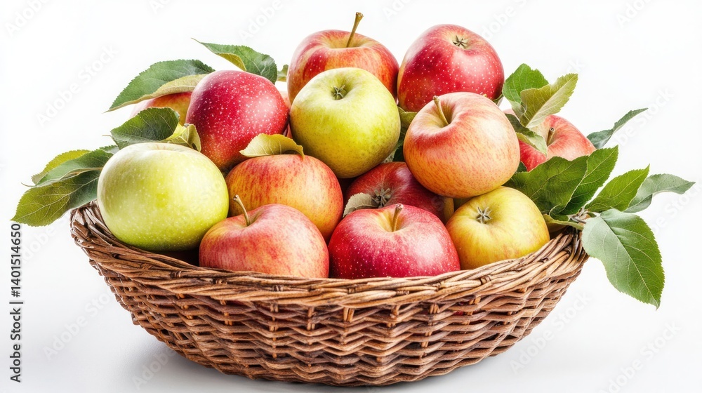 A wicker bowl overflowing with ripe, juicy apples--both red and green--interspersed with fresh leaves, all set against a clean white backdrop. A wicker bowl overflowing with ripe, juicy apples--both red and green--interspersed with fresh leaves, all set against a clean white backdrop.
