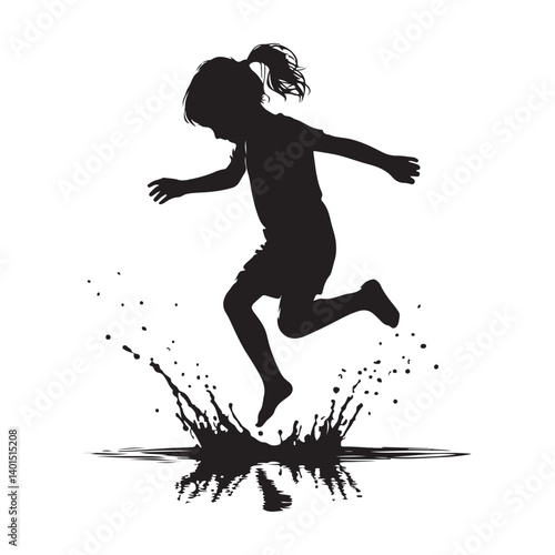 Silhouette of a girl jumping in a puddle vector art design