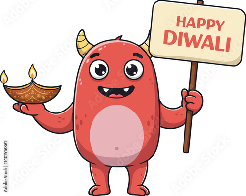 A cheerful red monster holding an oil lamp and a sign wishing Happy Diwali in a flat vector illustration
