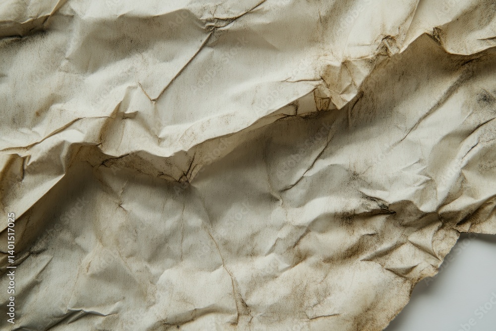 An aged, vintage paper sheet with creases and texture, isolated on a white background, evoking nostalgia.