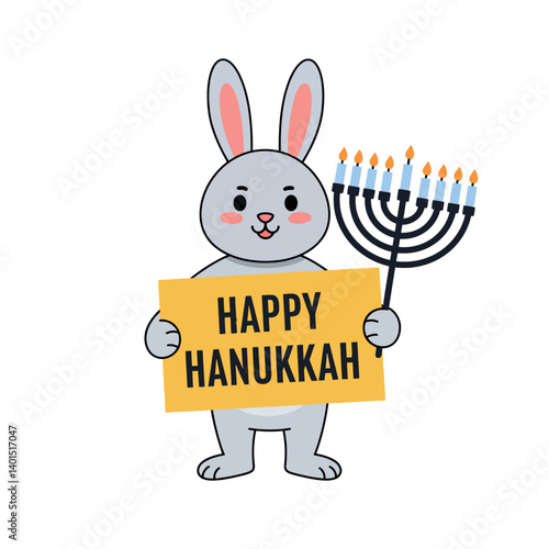 Cute rabbit holding a sign that says Happy Hanukkah with menorah in a flat vector illustration