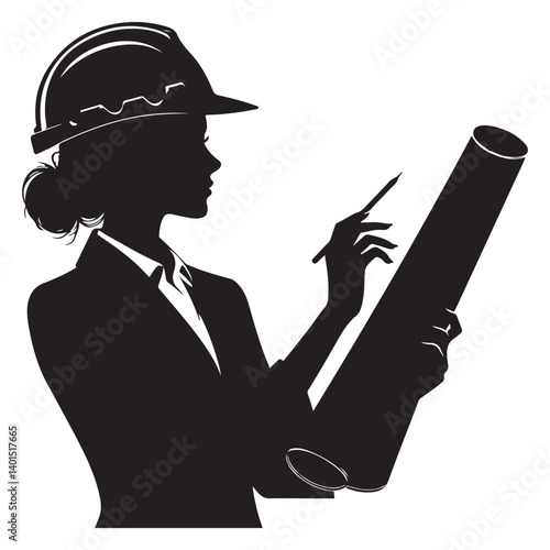 Silhouette female engineer reviewing construction blueprint for project planning