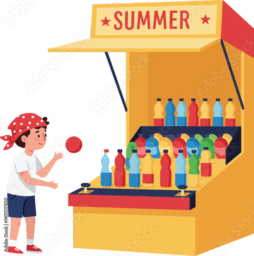 A child playing a summer carnival game at a colorful booth in flat vector art
