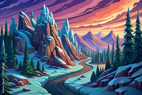 Mountain peak view landscape with sunrise soft light and road path. vector illustration background, winter valley at golden hour with pine trees