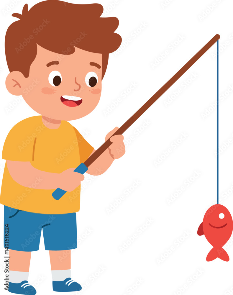 A happy boy holding a fishing rod with a red fish in a flat vector illustration A happy boy holding a fishing rod with a red fish in a flat vector illustration