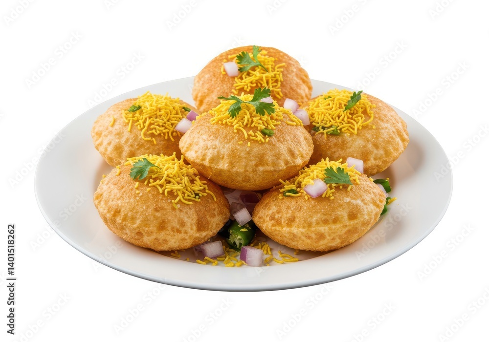 Delicious pani puri indian street food plate presentation isolated on white background Delicious pani puri indian street food plate presentation isolated on white background