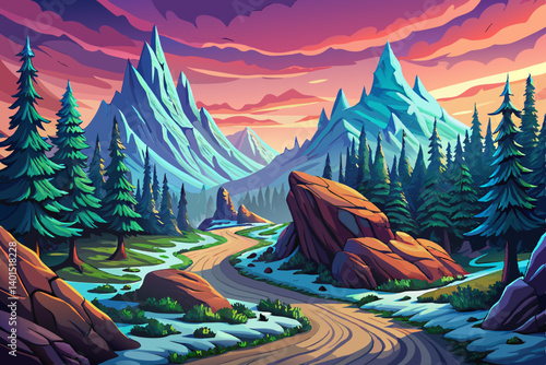 Mountain peak view landscape with sunrise soft light and road path. vector illustration background, winter valley at golden hour with pine trees
