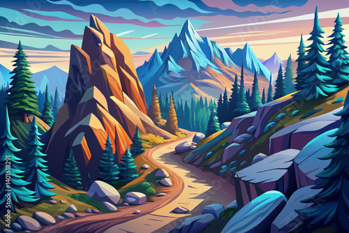 Mountain peak view landscape with sunrise soft light and road path. vector illustration background, winter valley at golden hour with pine trees