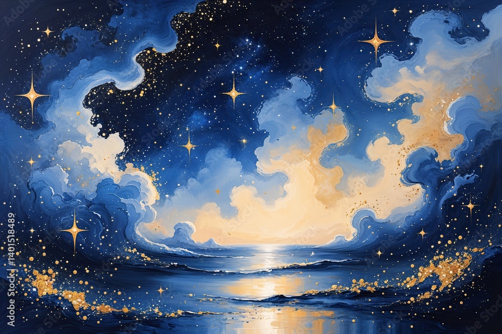 Fototapeta premium Graceful Abstract Celestial Painting of Navy Skies Melting into a Glittering Starlit Glow for Dreamlike Decor