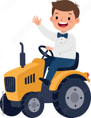 Happy boy in a tuxedo waving while driving a bright yellow tractor in flat vector art
