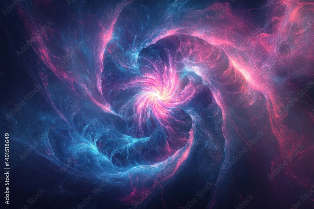 An explosive swirl of blue and pink abstract data flow lines, emanating from a radiant star-like center.