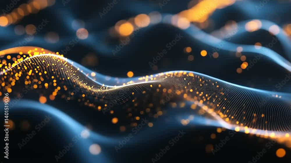 Abstract digital landscape glows with orange specks over a fluid, dark blue background Abstract digital landscape glows with orange specks over a fluid, dark blue background