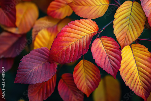 Wallpaper Mural Close-up shot of a colorful autumn leaf, showcasing vibrant shades of red, orange, and yellow against a blurred background of more foliage. Torontodigital.ca