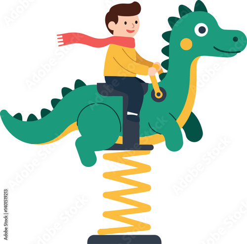 Boy joyfully riding a green dragon on a spring rocker in flat vector art
